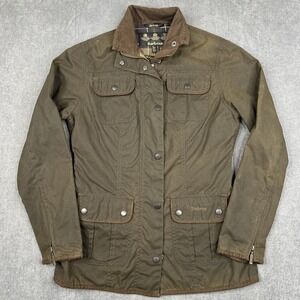Vintage Woman's Barbour Waxed Cotton Jacket Corduroy Collar Brown UK 8 US 4